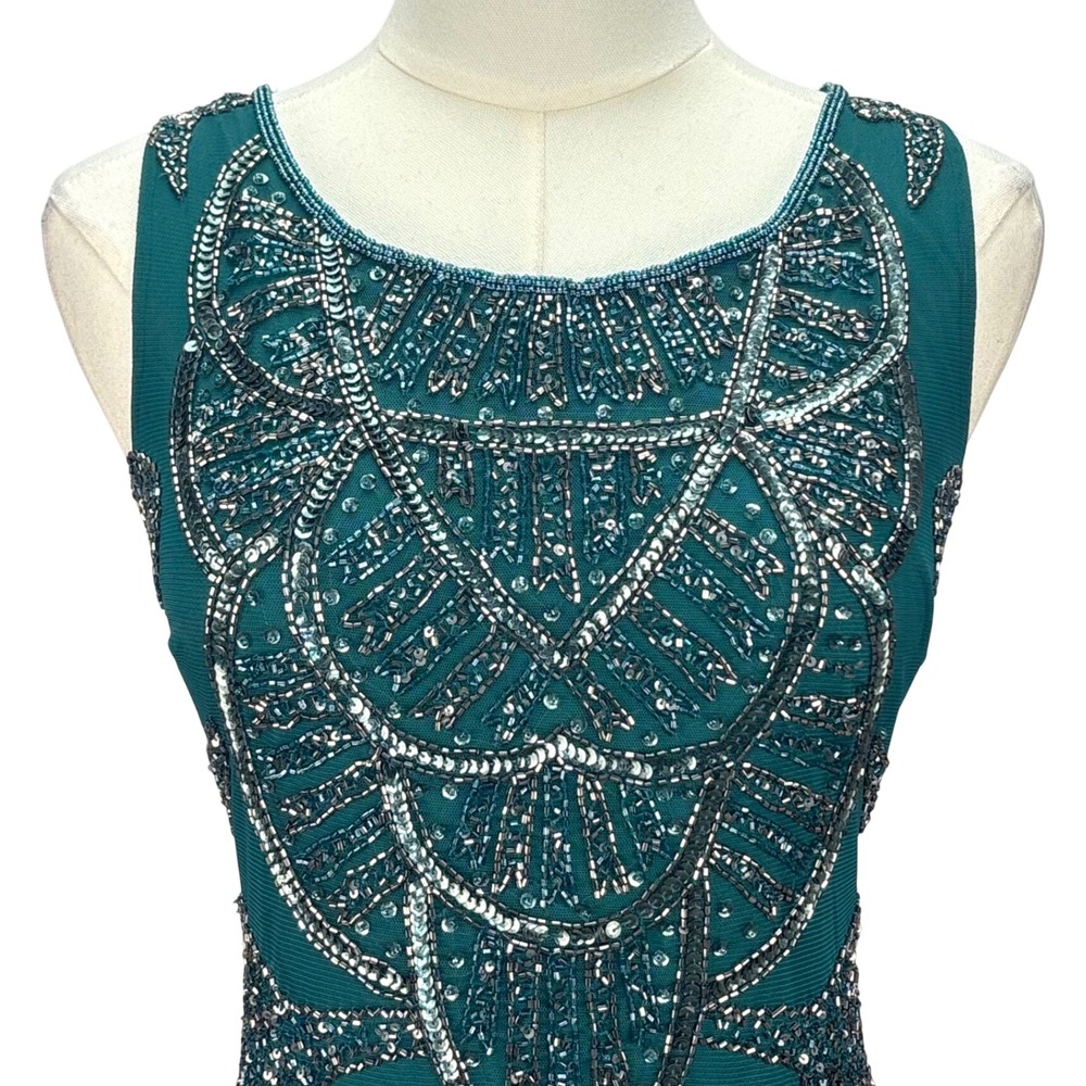 Adrianna Papell Sheath Dress Emerald Green Beaded Sequin Art Deco Women 4 - Picture 3 of 16